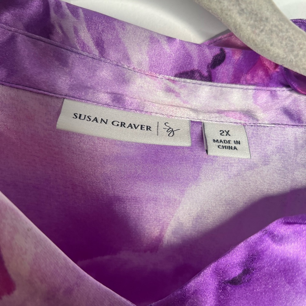 Susan Graver NWOT Purple Pink Floral Satin Button Down Blouse Women’s Plus 2X - Picture 6 of 8
